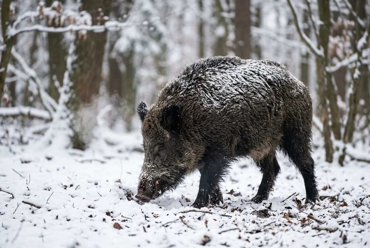 A wild boar rooting through shallow snow in a winter woodland during daylight.