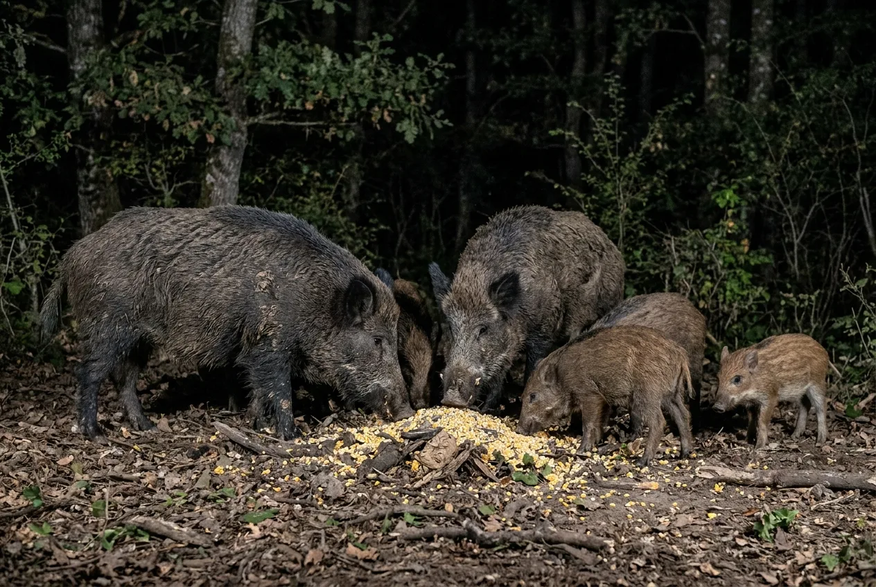 Several wild boar of different sizes gathered at a corn bait station at night, the kind of scene used to count a sounder.