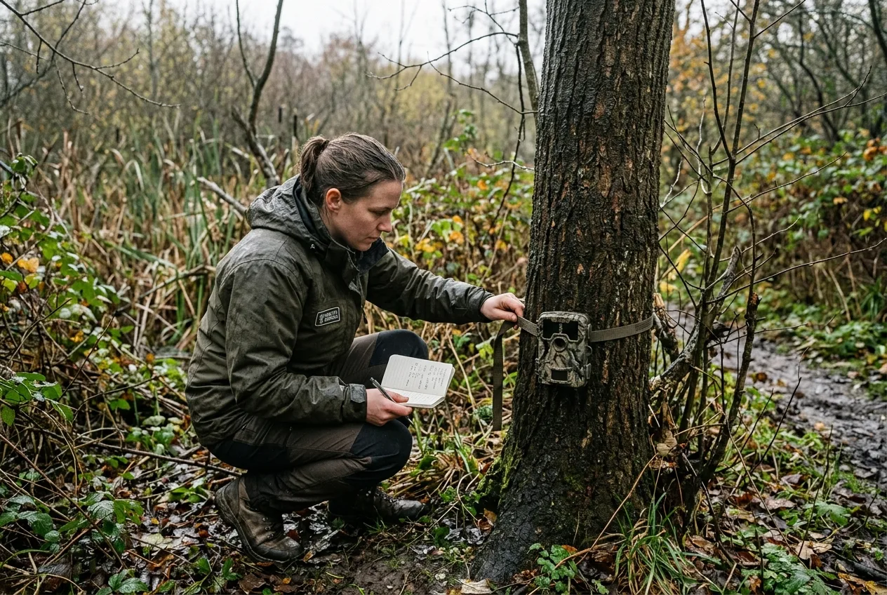 A field technician setting a trail camera low on a tree to survey wild boar.
