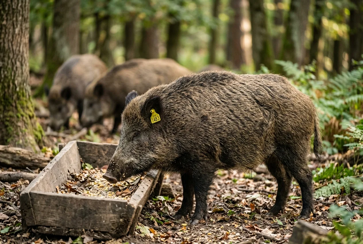 An ear-tagged wild boar at a feeder, illustrating mark-resight counting.