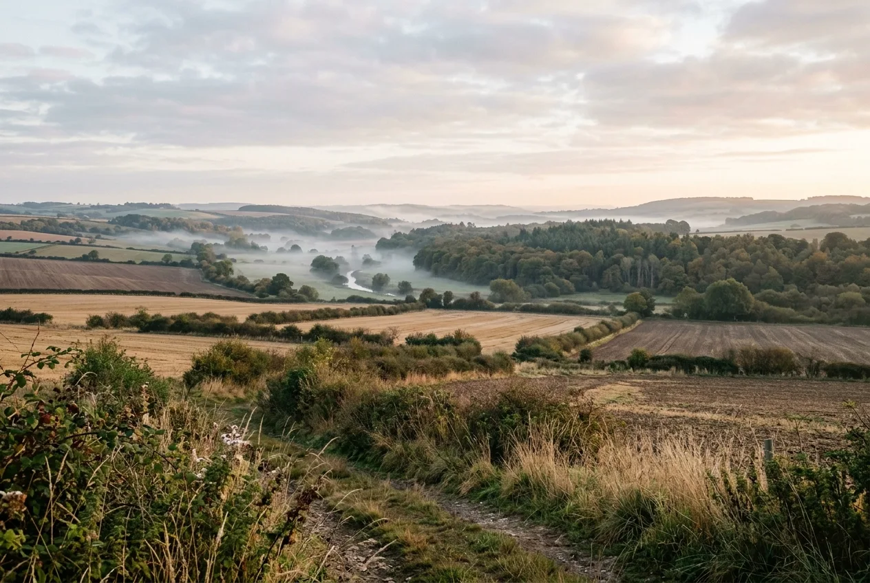 A mosaic of farmland and bottomland woodland, the kind of landscape a wild boar camera-survey grid covers.