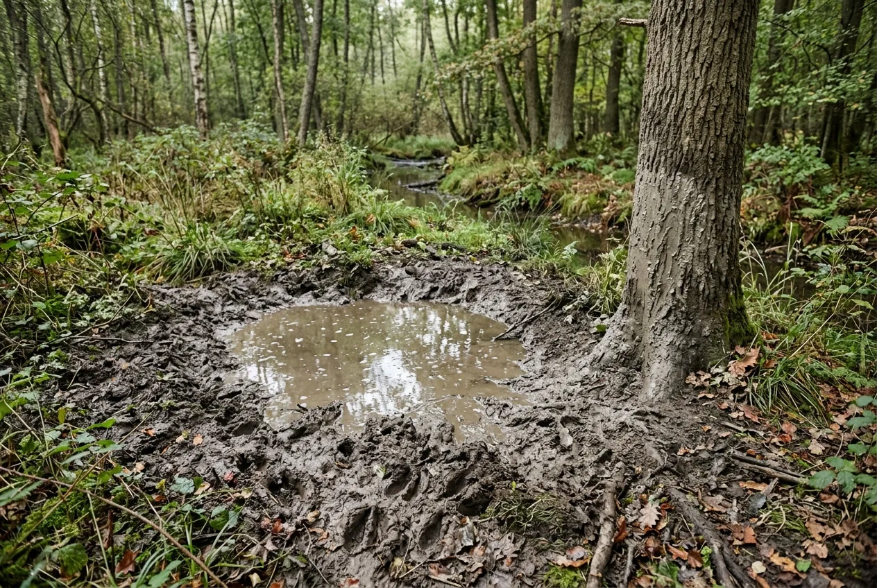 A wild boar wallow: a muddy, water-filled depression with churned edges, cloven hoof prints, and a mud-smeared tree trunk behind it.