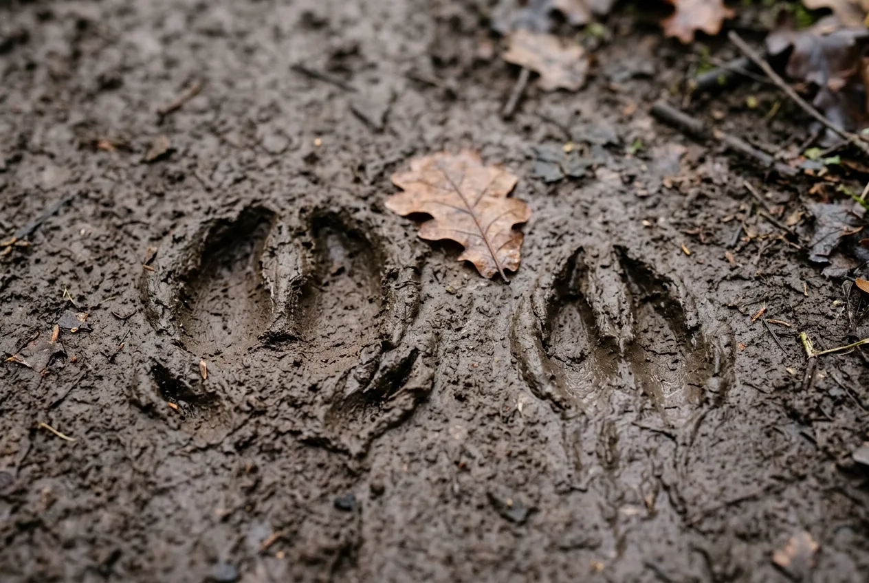 Broad, blunt cloven wild boar tracks in wet mud beside narrower, pointed deer tracks for comparison.