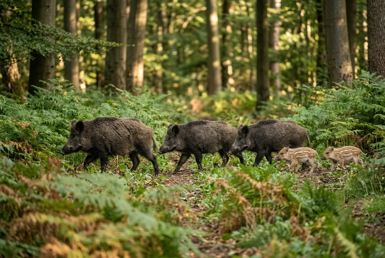 A small sounder of wild boar, including striped piglets, moving through bracken in dappled woodland light.