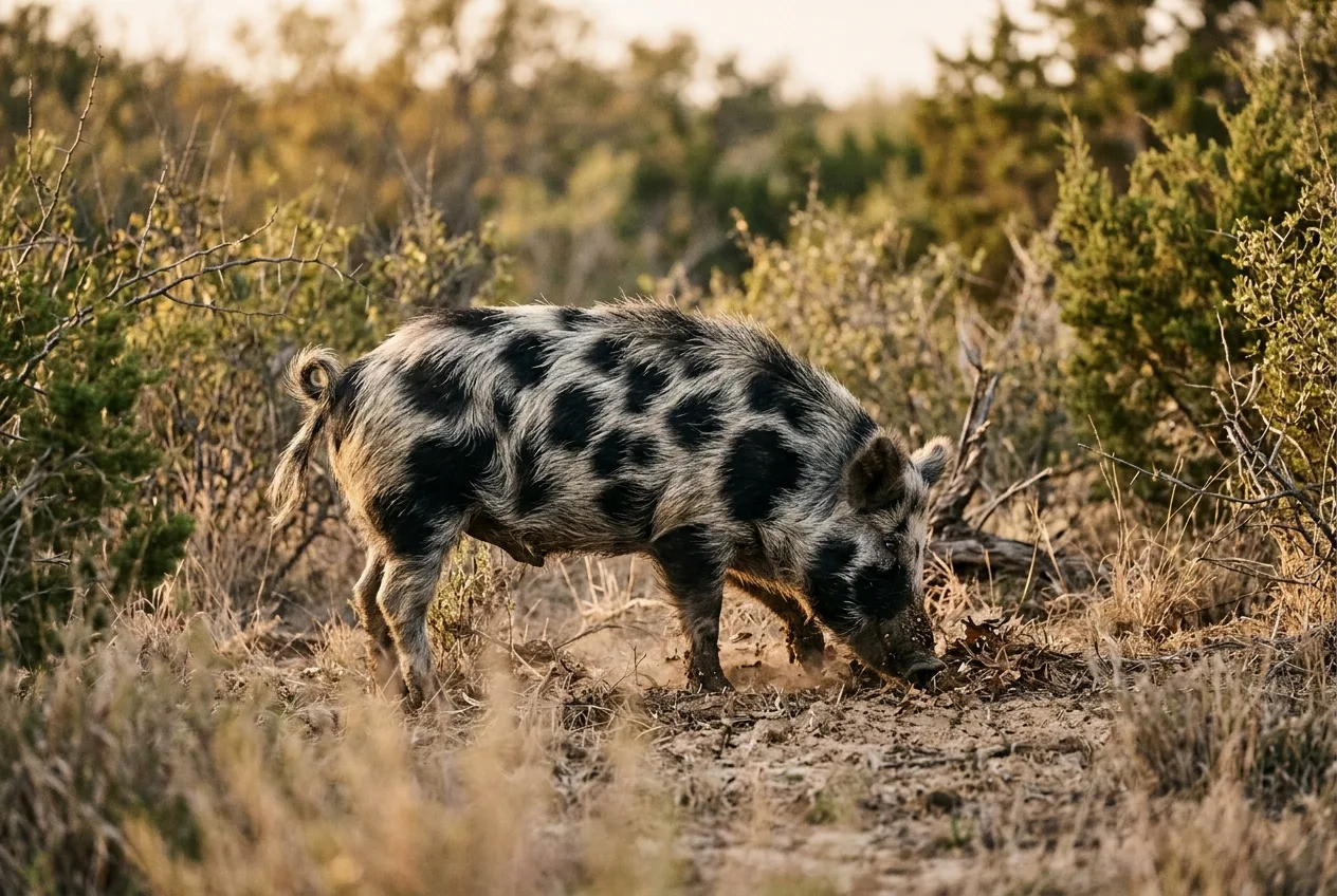 A feral domestic-descended pig with a blotchy black-and-white coat rooting in scrub, showing the varied coats feral hogs can have.