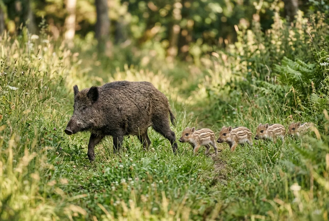 A wild boar sow with striped 'humbug' piglets, the pale longitudinal stripes typical of young Sus scrofa.