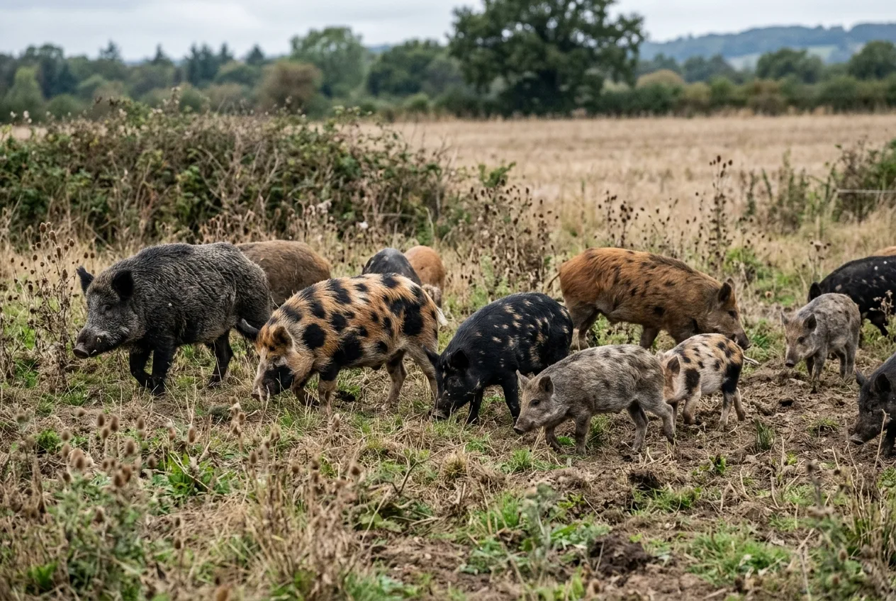 A group of wild pigs showing a mix of dark wild-boar and blotchy feral coats, reflecting widespread hybridization.