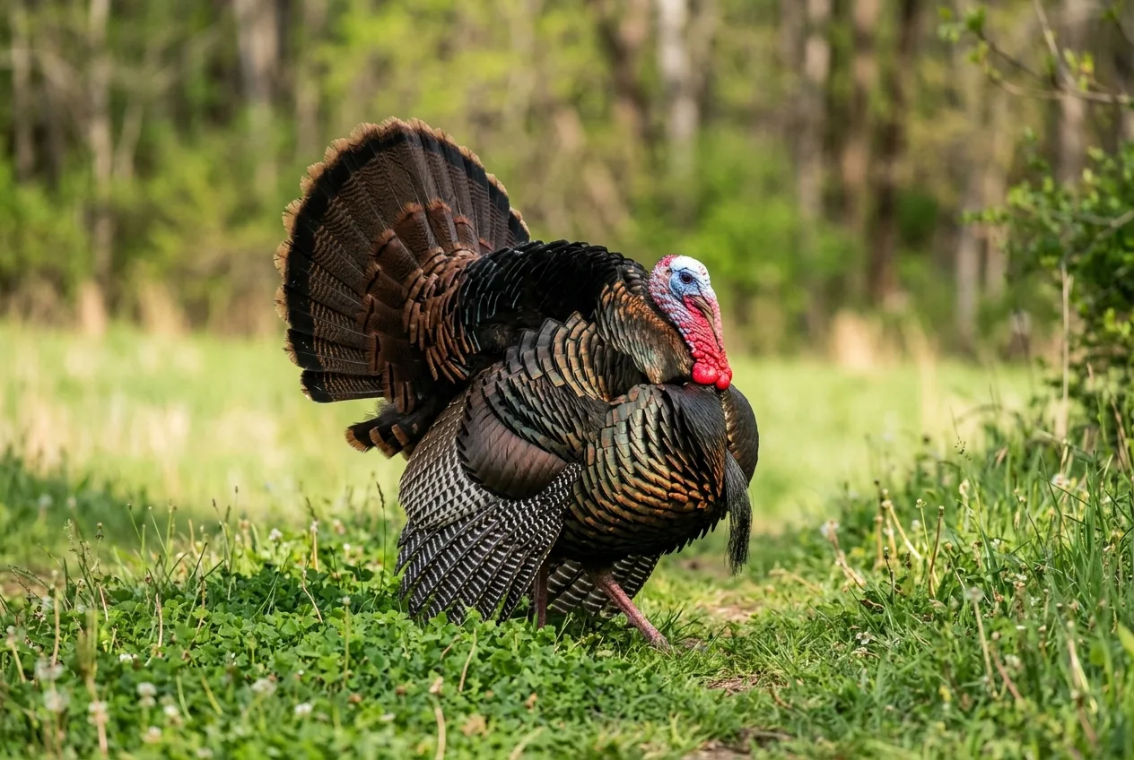A mature wild turkey gobbler in full strut in an open food plot in spring sunlight