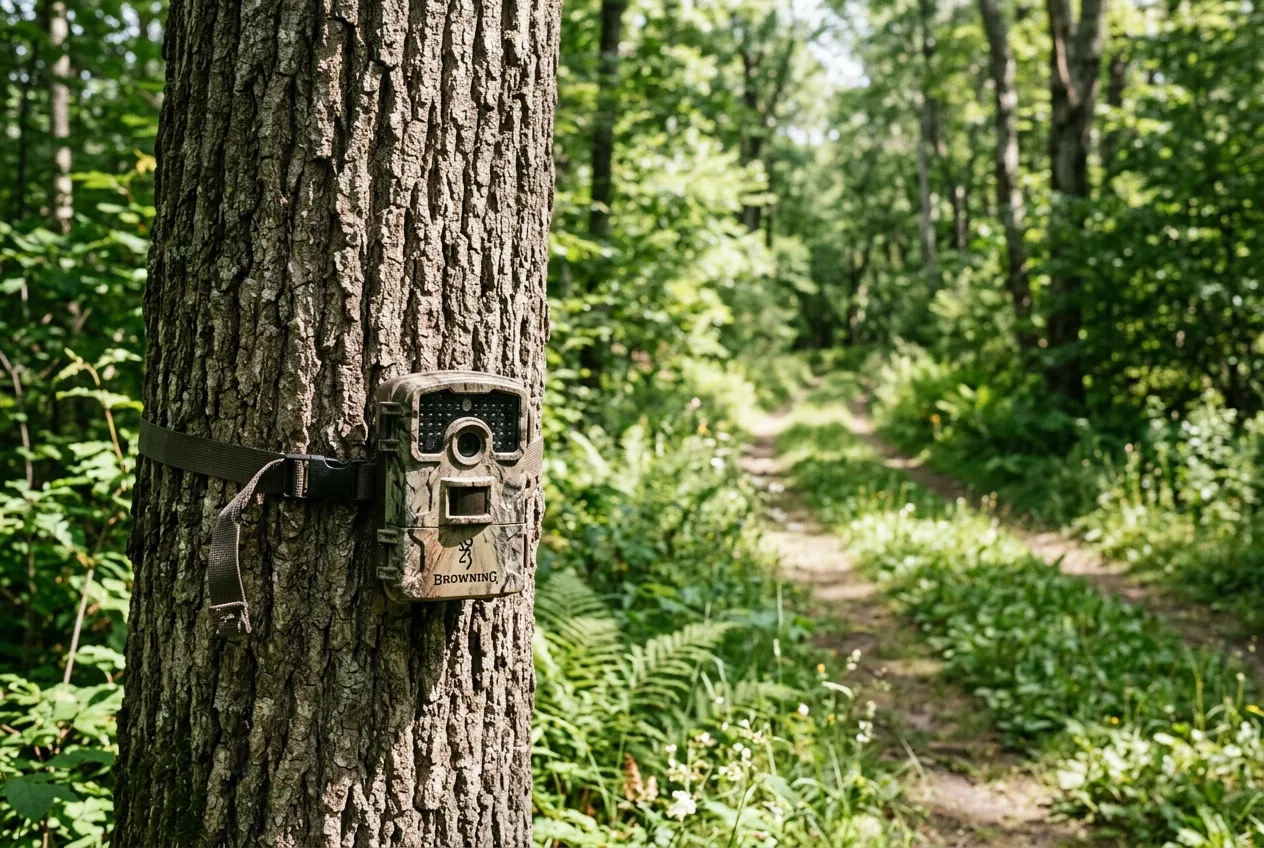 A trail camera strapped low to a tree trunk overlooking a grassy log road in summer woods