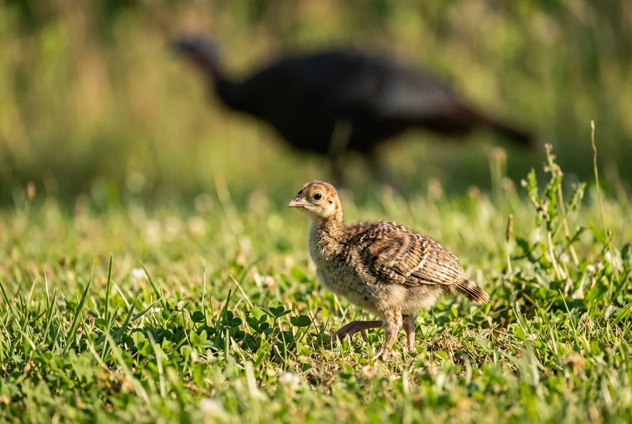 A small downy wild turkey poult standing in short grass in soft summer light