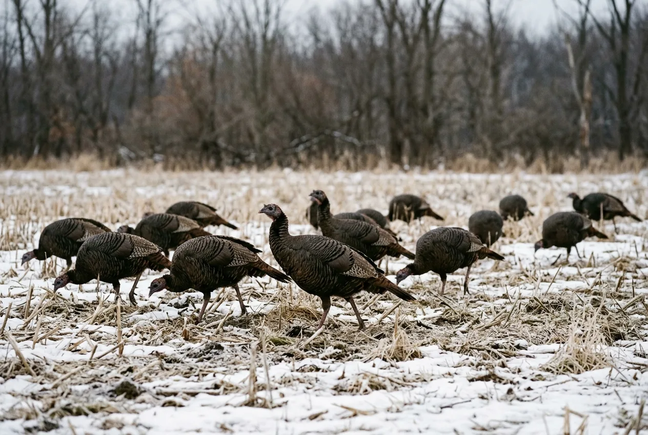 A winter flock of wild turkey hens feeding in a snowy open field under flat light