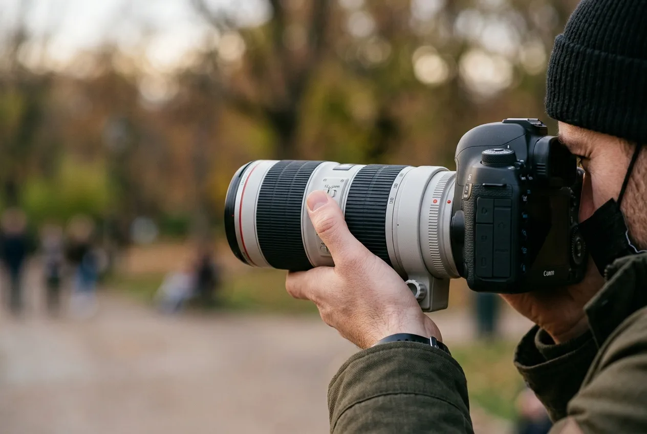 A photographer's hands holding a camera to the eye, tracking a subject in the field
