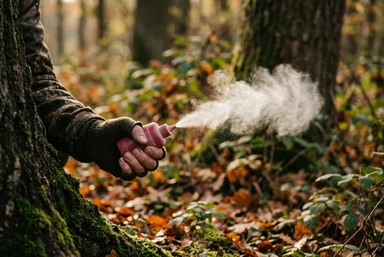 A puff of white wind-checking powder drifting on the breeze from a hunter's hand at the base of a tree