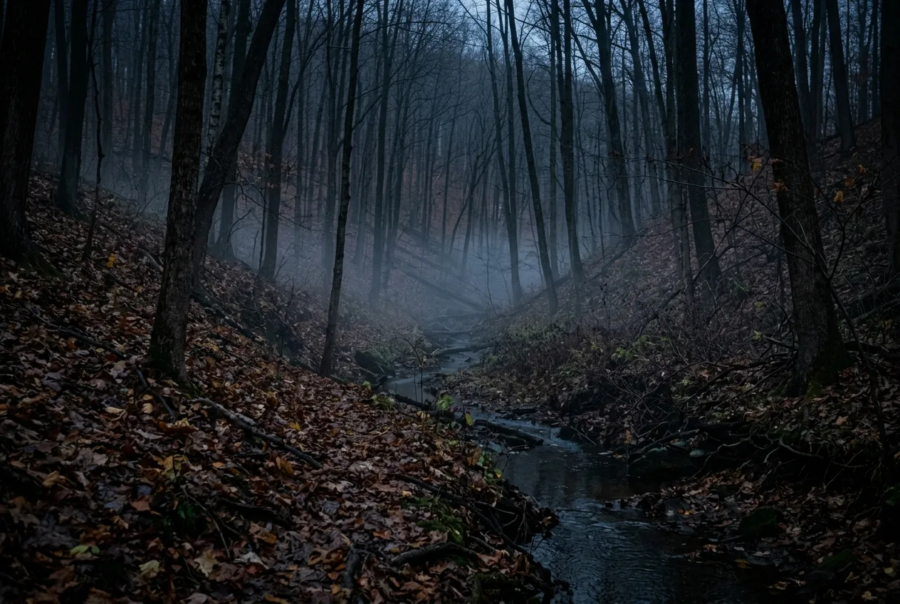 Cool evening air and faint ground fog sinking downhill through a wooded creek bottom at dusk
