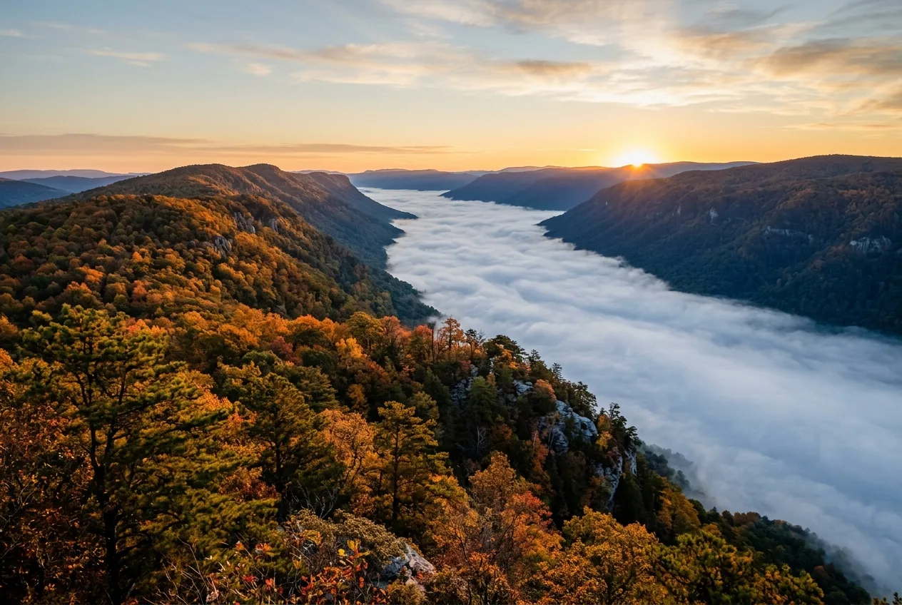 A ridge-and-valley landscape at sunrise with fog filling the valley between forested slopes