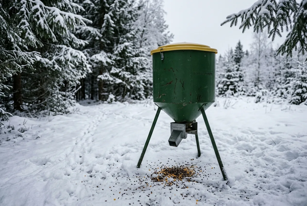En foderautomat til vildt med korn ved en sneklædt lysning i en dansk granskov, med spildt korn på sneen