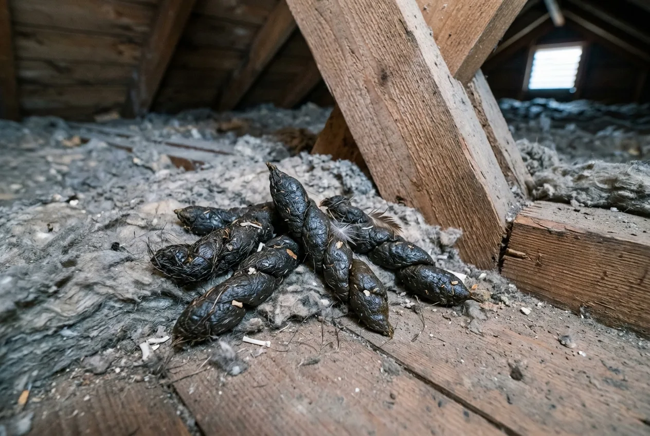 En stinkende bunke af lange, snoede husmår-ekskrementer fyldt med hår og fjer, samlet i et hjørne af et loft