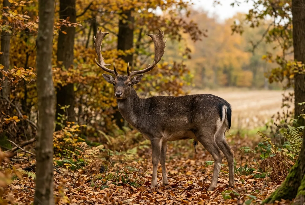 En dåhjort står bredsidet i kanten af en dansk løvskov i efteråret, med den lange sorte hale ned over den lyse bagdel