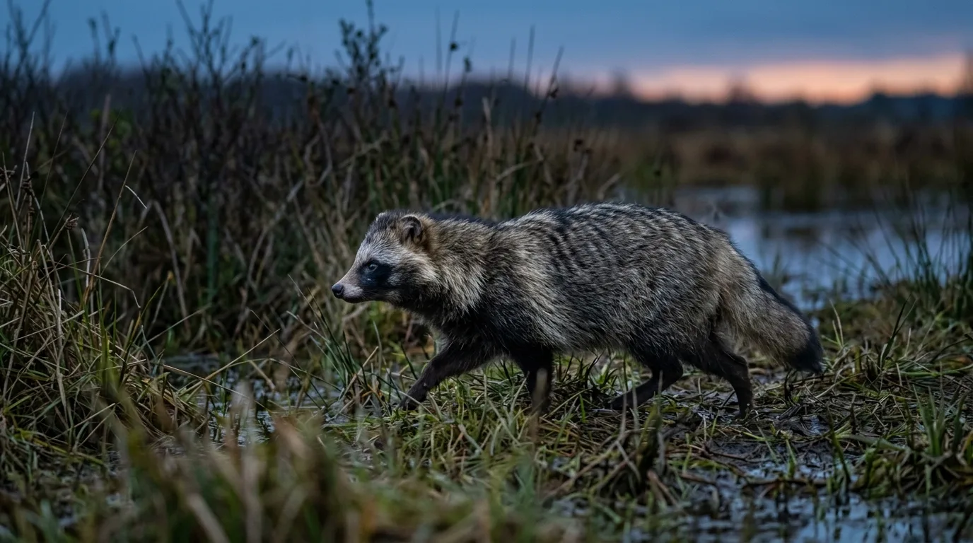 En mårhund med sin sorte maske på tværs over øjnene trasker gennem lavt krat ved en mose i skumringen