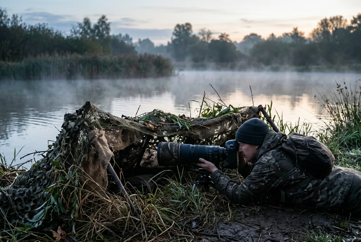 En fotograf ligger fladt i et lavt camouflageskjul ved en dam ved daggry