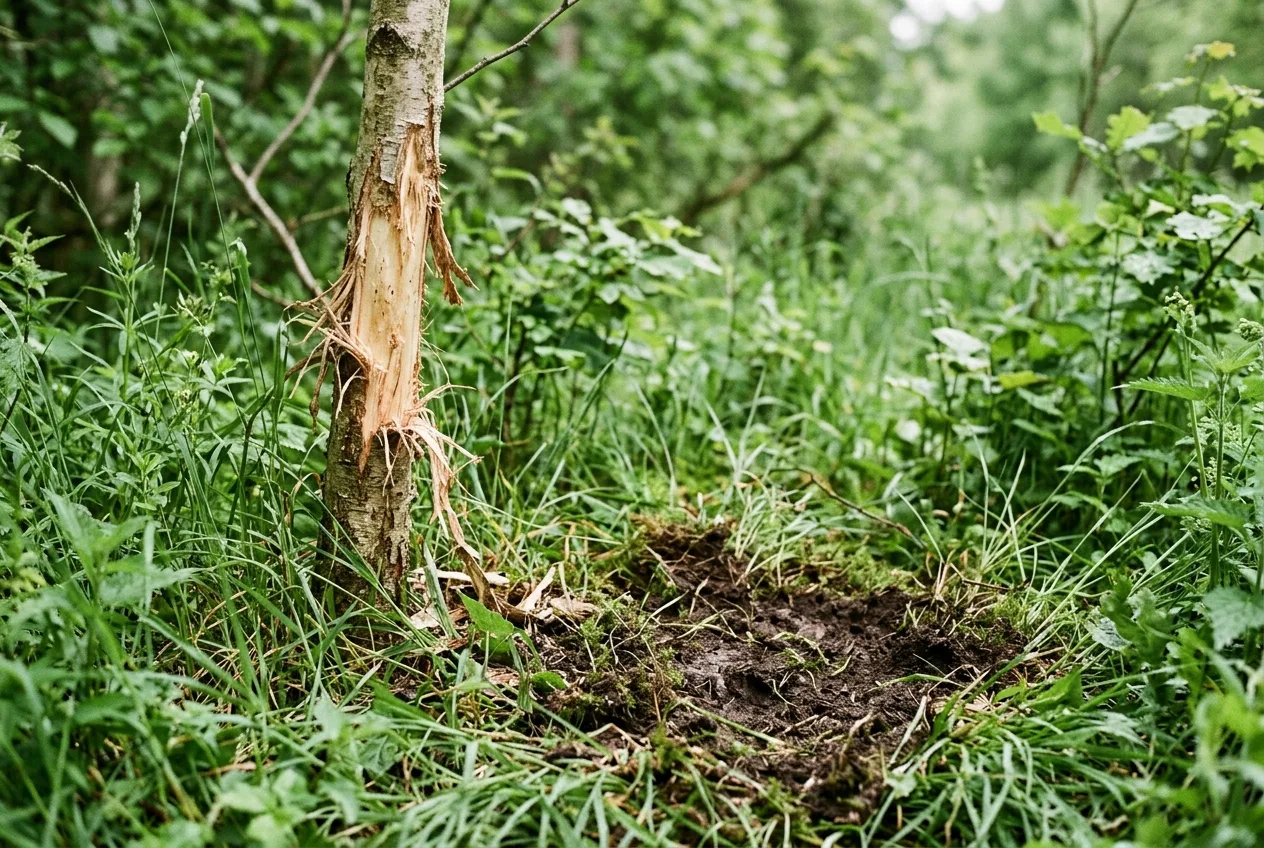 Friske skrab og en fejning tæt sammen viser, hvor en rådyrbuk holder til i sit territorium