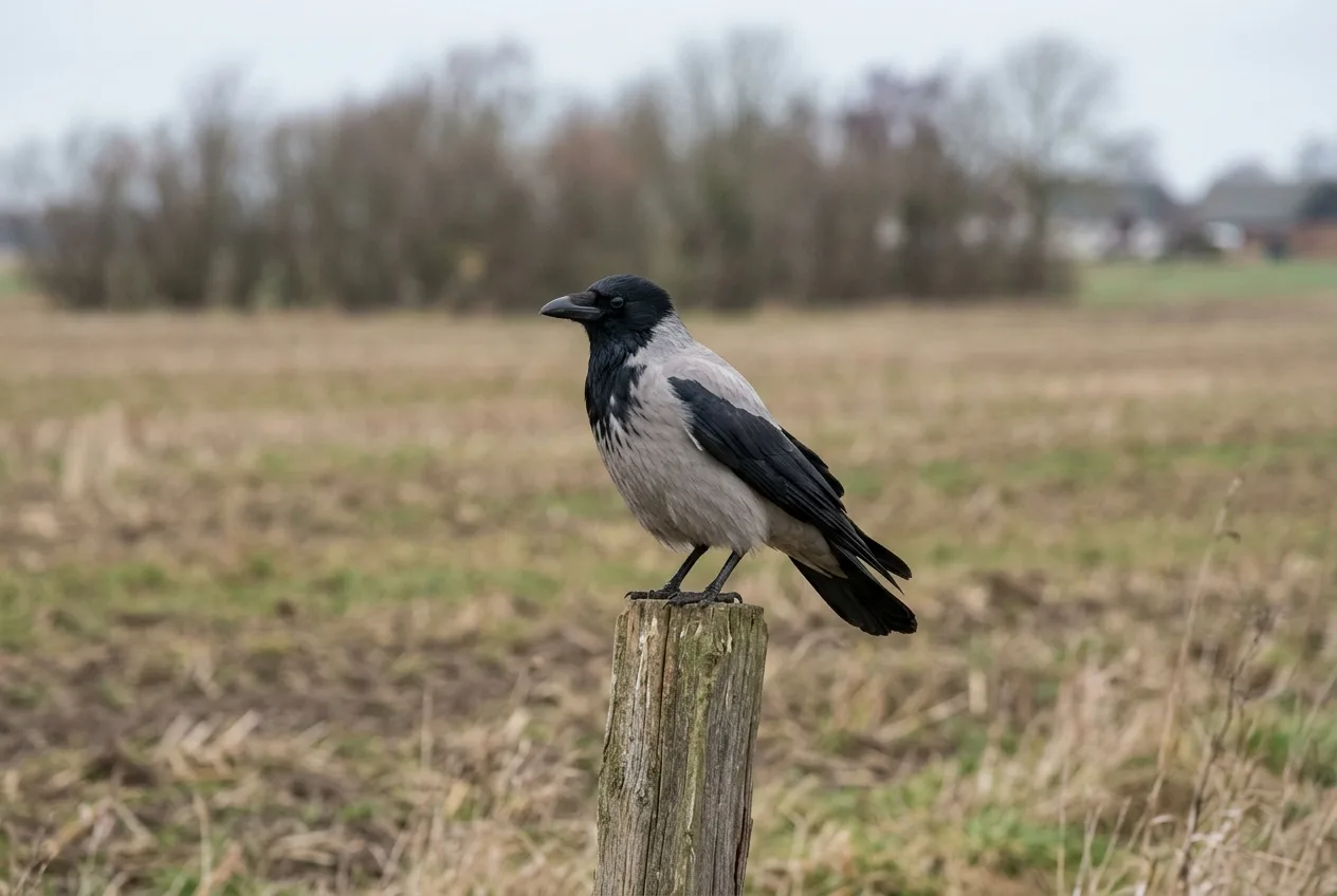 En gråkrage med grå krop og sort hoved og vinger sidder på en hegnspæl i åbent dansk landbrugsland