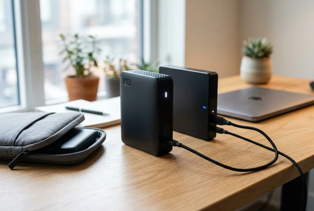 To eksterne harddiske tilsluttet på et skrivebord til backup med lysende statuslamper