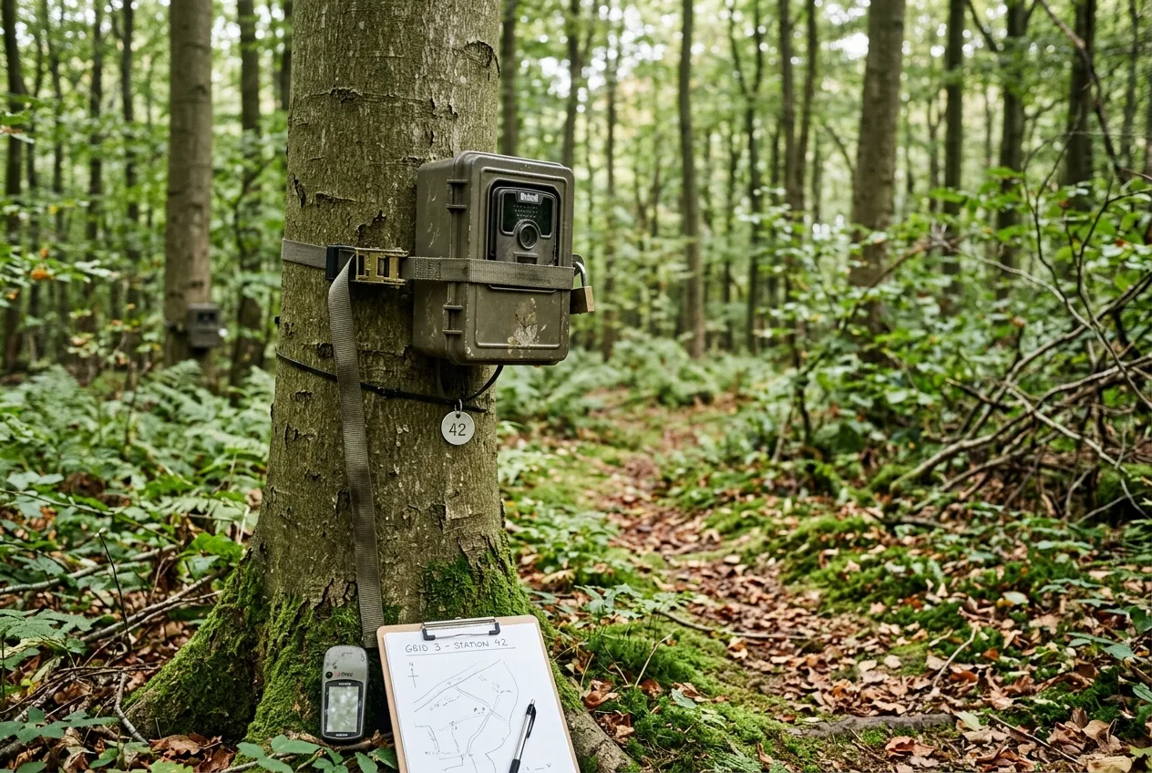 Et vildtkamera er monteret på en træstamme i en dansk løvskov som led i en videnskabelig kortlægning af skovmår