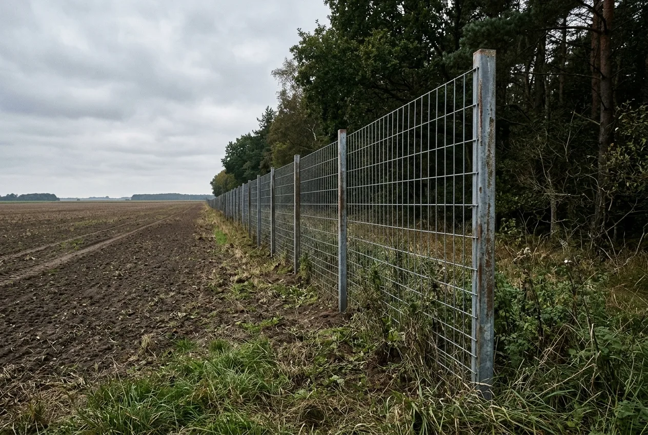 Det danske vildsvinehegn: et halvanden meter højt kraftigt stålmåttehegn, der løber langs den dansk-tyske grænse mellem mark og skov