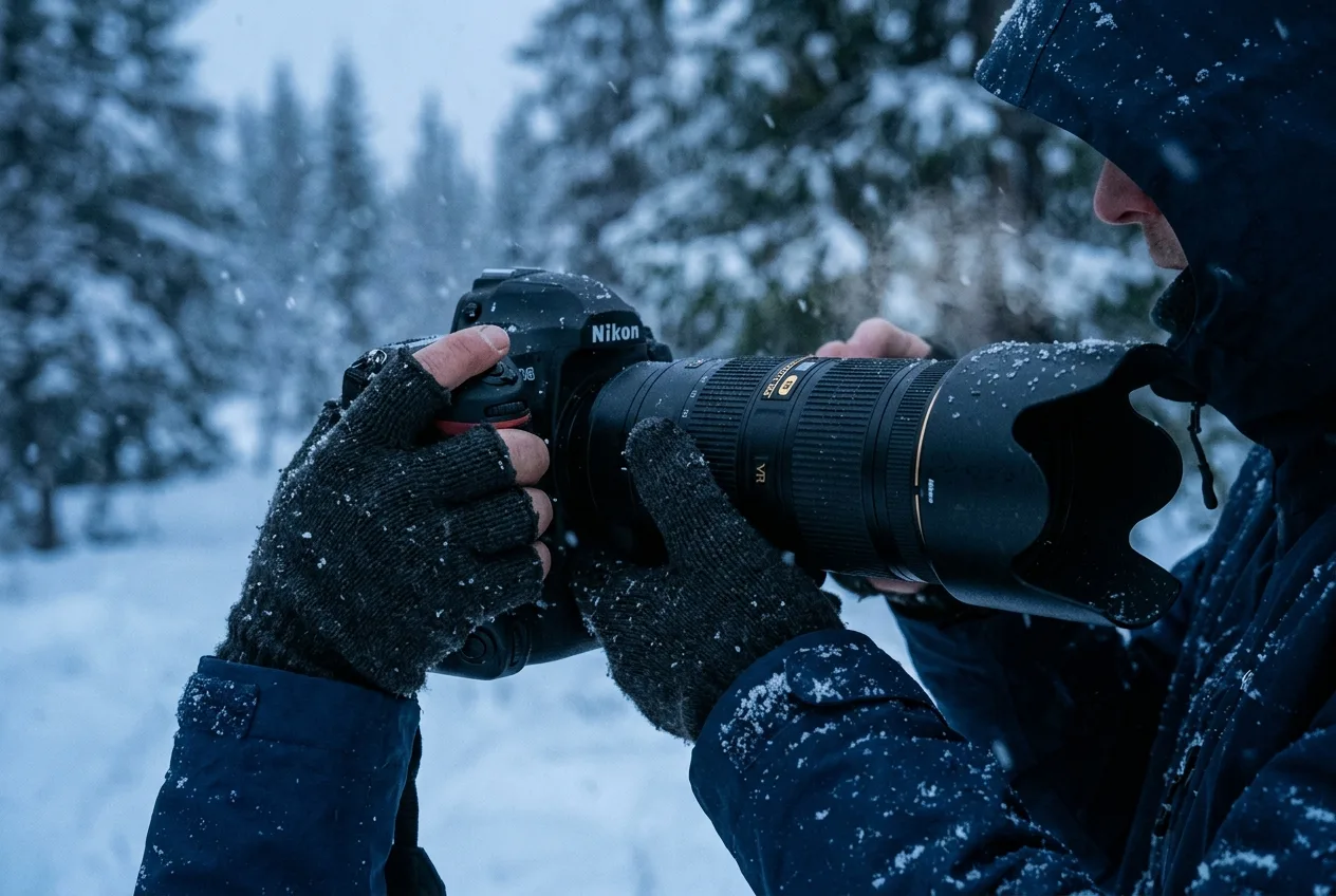 En fotografs behandskede hænder betjener et kamera i faldende sne