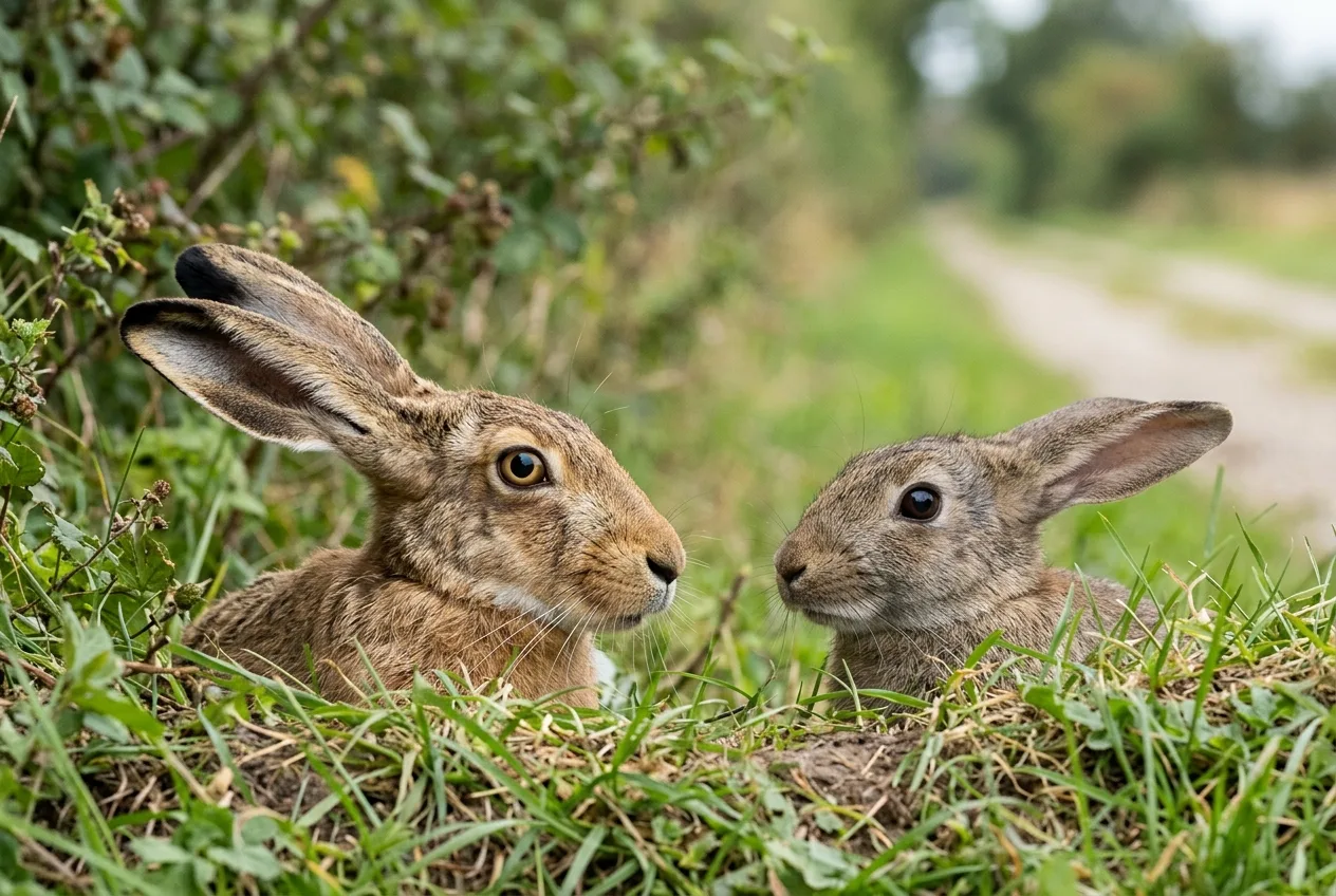 Nahvergleich der Köpfe: der lange Löffel des Feldhasen mit deutlicher schwarzer Spitze über der Nase gegen das kürzere, einfarbige Ohr des Wildkaninchens, das nur bis zur Nasenspitze reicht
