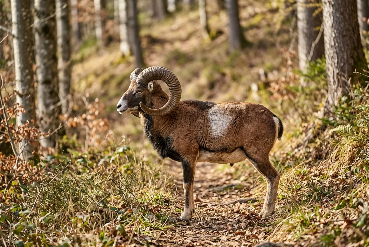 Ein Mufflon-Widder mit eingerollten Schneckenhörnern und hellem Sattelfleck steht in einem lichten Bergwald