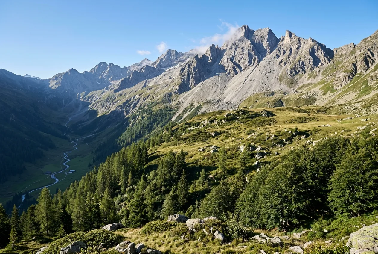 Weites Alpenpanorama mit schroffen Felsgraten oberhalb der Baumgrenze und lichtem Bergwald darunter im klaren Morgenlicht