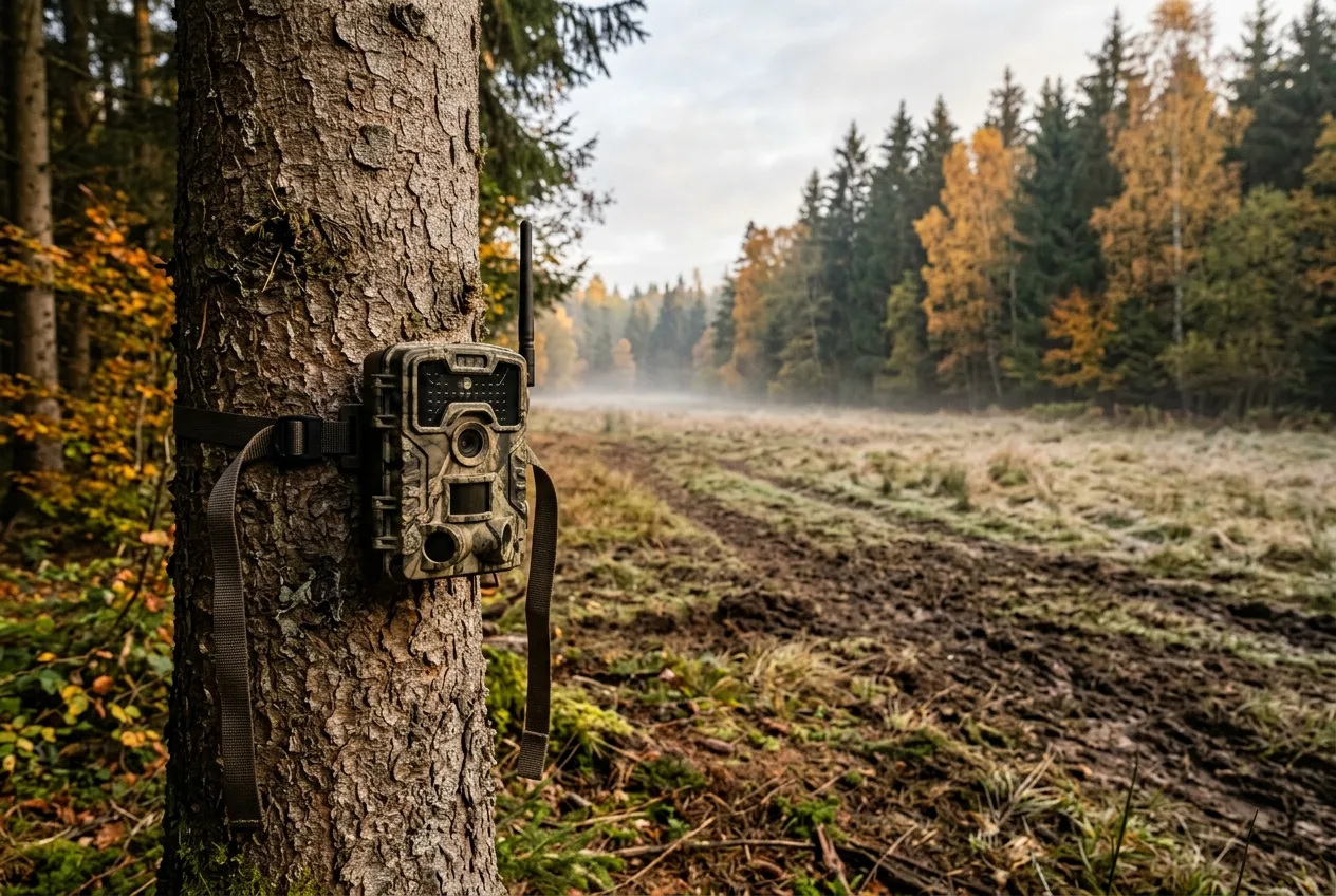 Eine Wildkamera an einem Baumstamm ausgerichtet auf einen offenen Brunftplatz im Wald