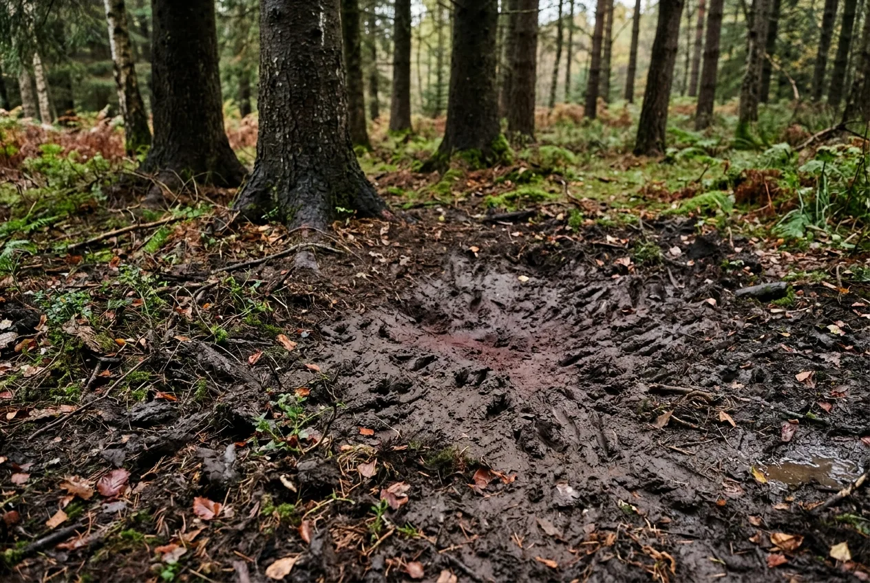 Eine aufgewühlte Suhle mit Schlammspuren im Waldboden, wo sich Rothirsche während der Brunft wälzen
