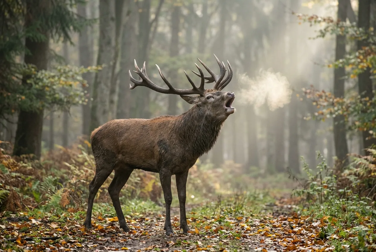 Ein brüllender Rothirsch steht in der Brunft an einer nebligen Lichtung im deutschen Herbstwald