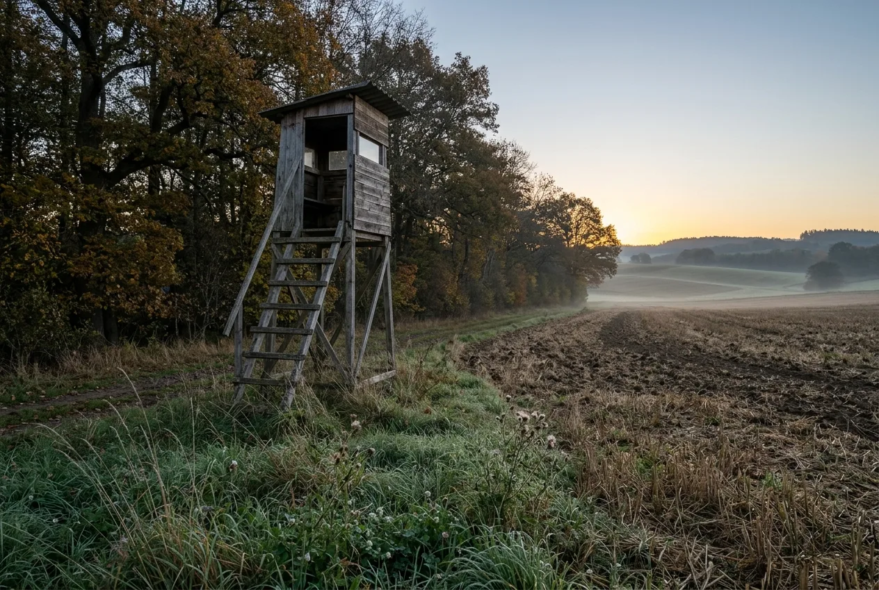 Ein hölzerner Hochsitz steht am Feldrand im ersten Licht der Morgendämmerung