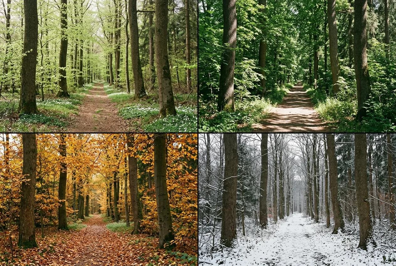 Derselbe Waldweg in einem deutschen Mischwald im Frühling, Sommer, Herbst und Winter, im Vierfeldbild