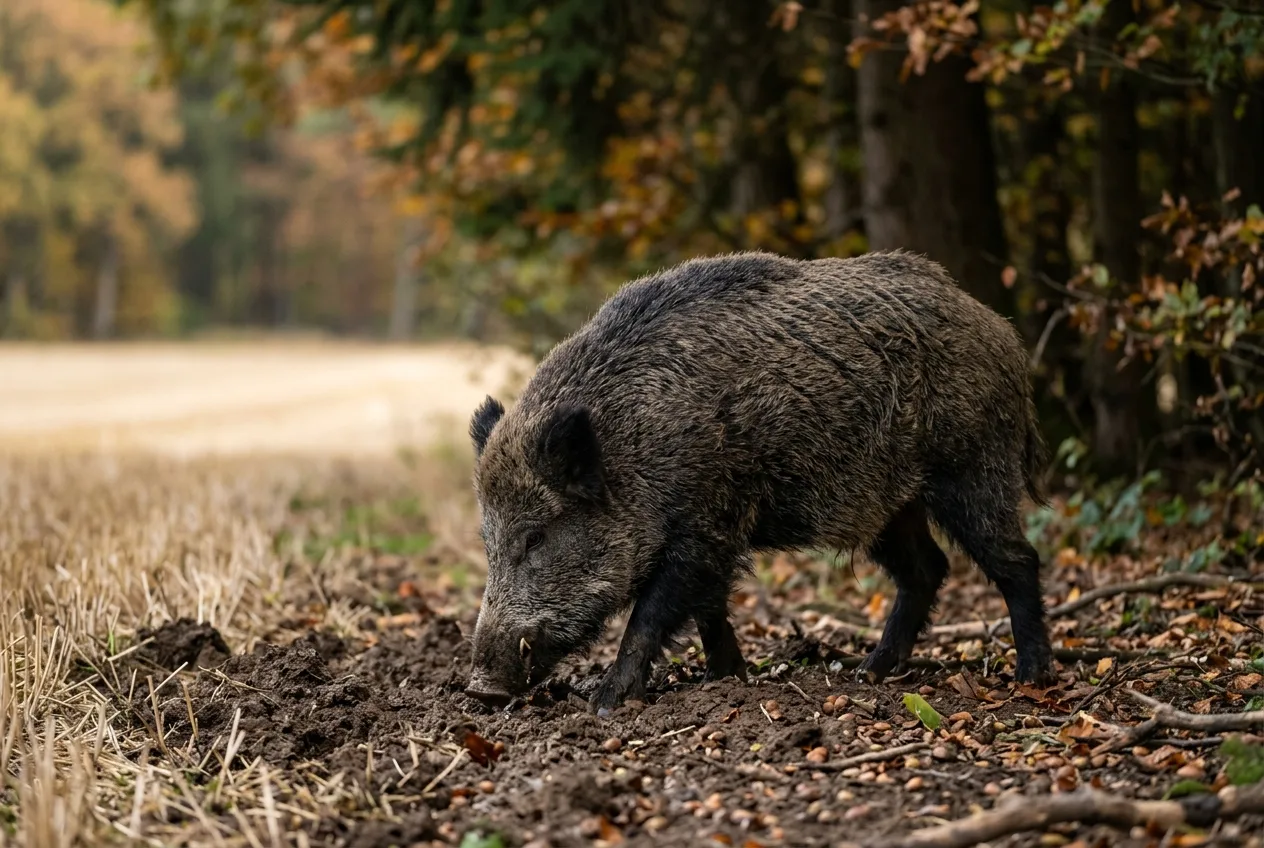 Ein Wildschwein wühlt am Rand eines deutschen Waldes neben einem abgeernteten Feld