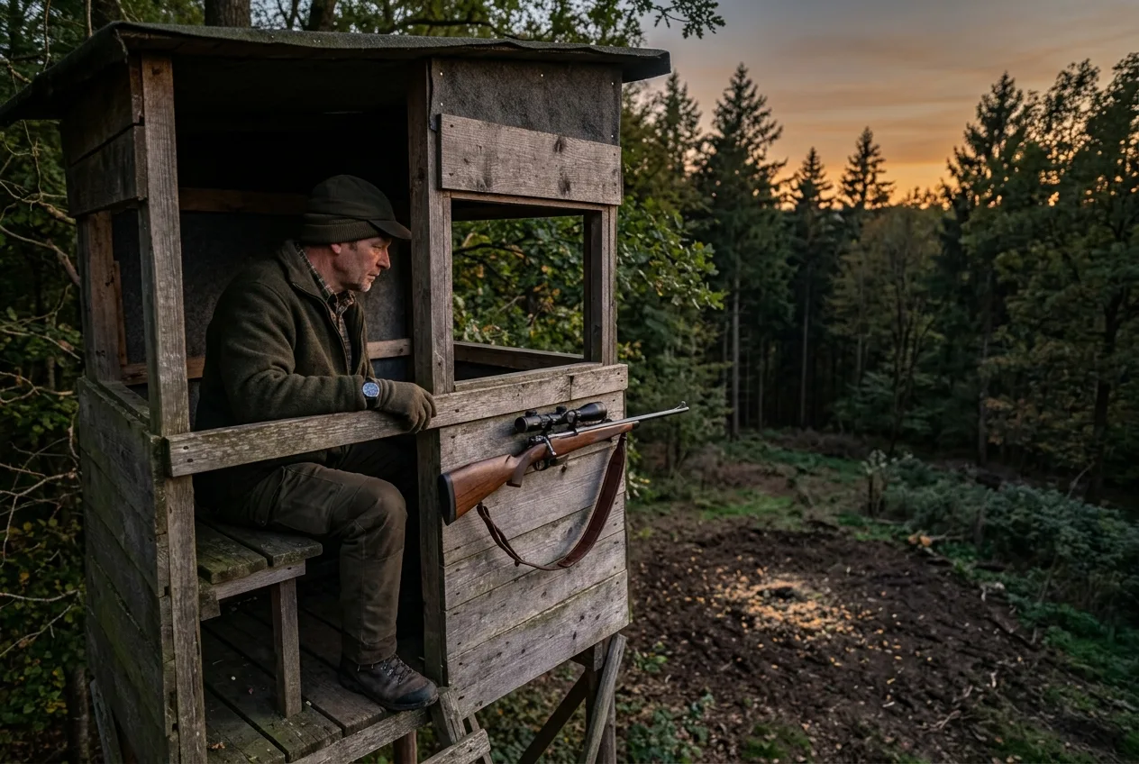 Ein Jäger sitzt auf einem Hochsitz am Waldrand und blickt in der Dämmerung auf eine Kirrung hinunter