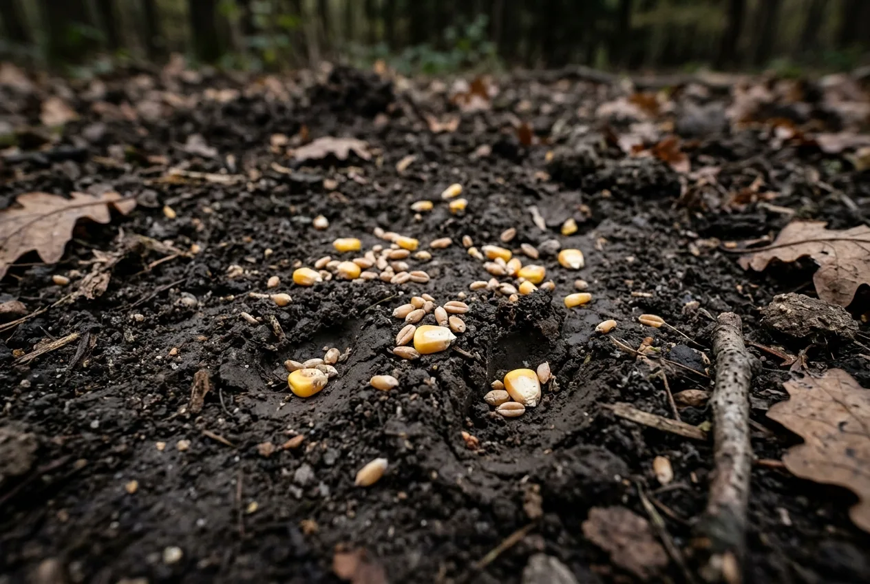 Nahaufnahme von verstreuten Maiskörnern und Getreide auf dunkler, umgegrabener Walderde an einer Kirrstelle