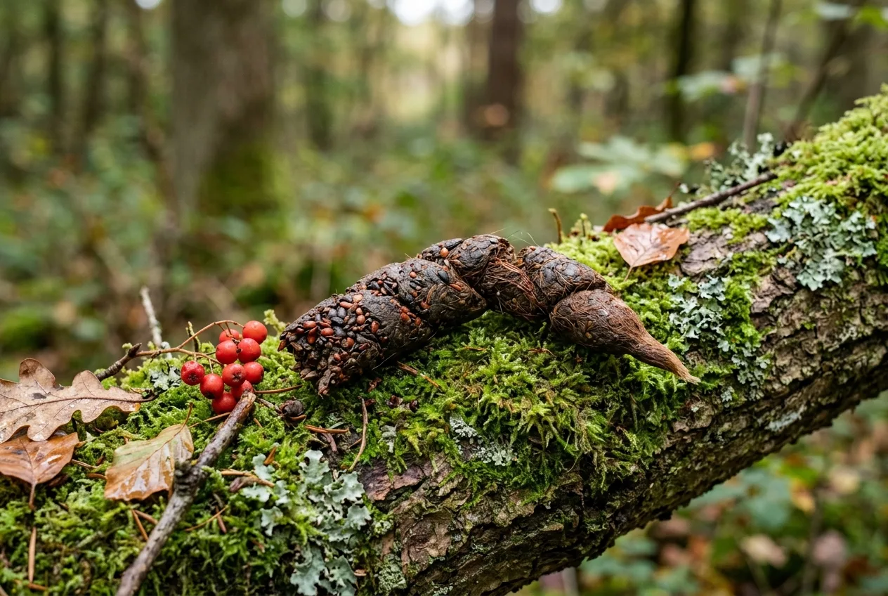 Nahaufnahme einer Baummarderlosung mit deutlich sichtbaren Beerenkernen und Haaren auf einem Ast im Wald