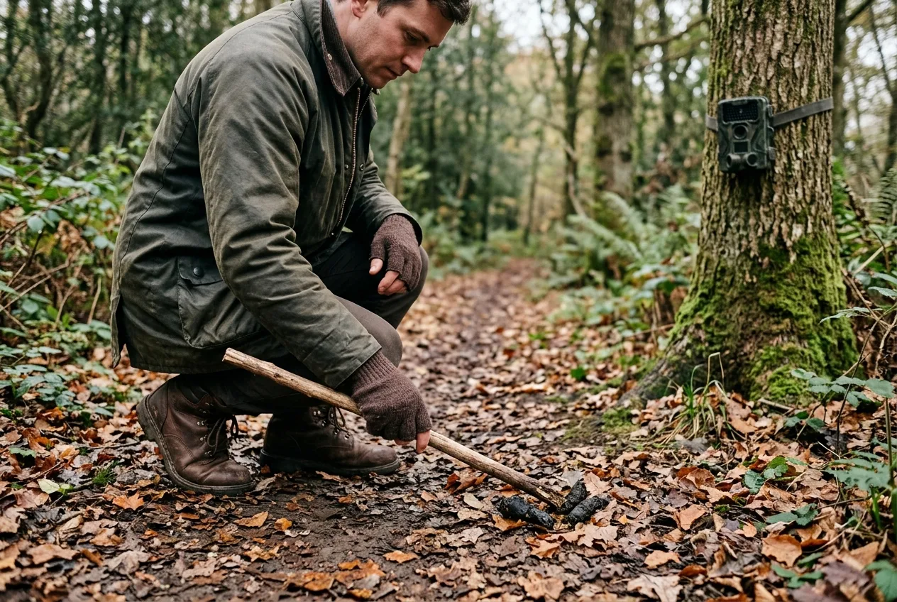Eine Person kniet mit einem Stöckchen neben Losung auf einem Waldweg, im Hintergrund eine Wildkamera am Baum