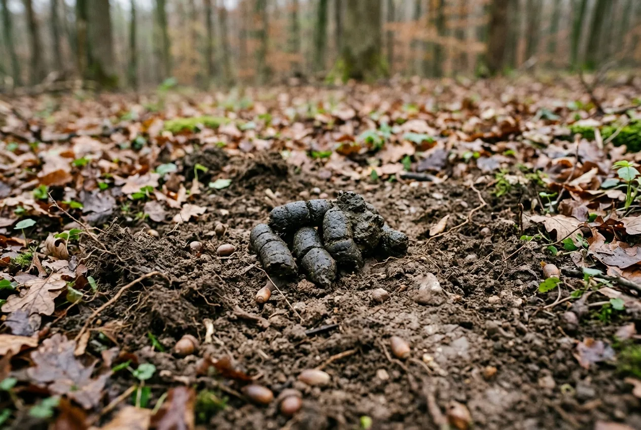 Dunkle, segmentierte Wildschwein-Losung auf frisch aufgewühltem Waldboden, ein Zeichen für die Anwesenheit einer Rotte