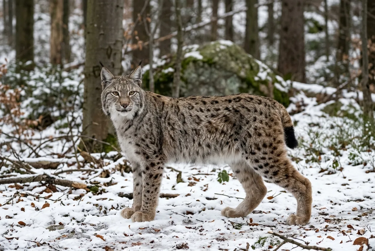 Ein Luchs steht in einer Waldlichtung und zeigt sein individuelles Fleckenmuster auf Flanke und Beinen