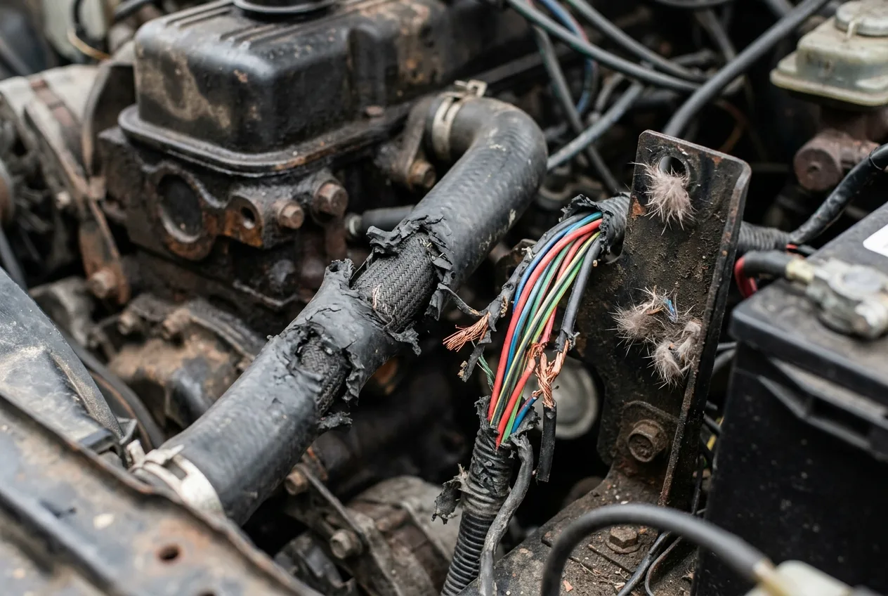 Durchgebissene Kabel im Motorraum eines Autos mit offener Motorhaube zeigen typischen Marderschaden