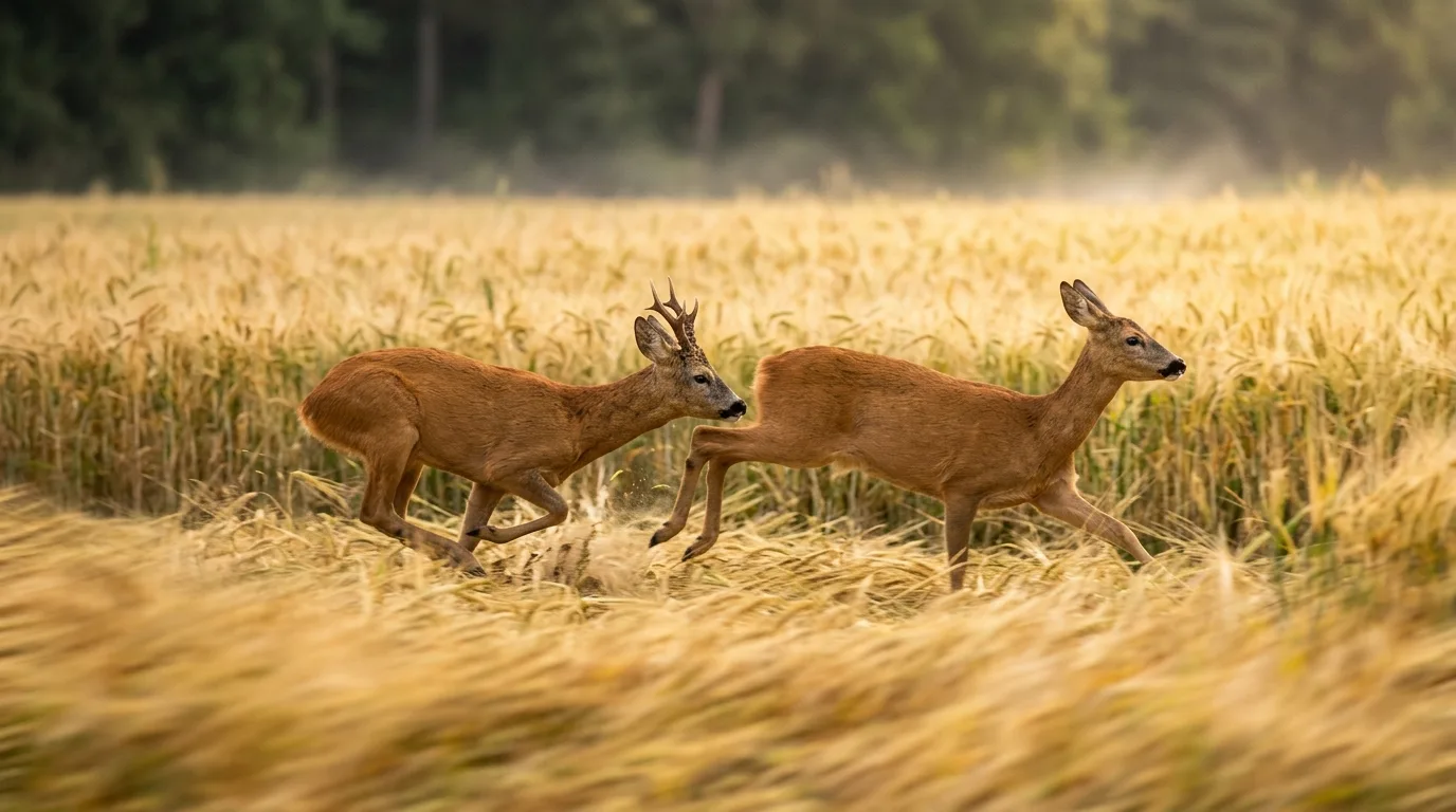 Ein Rehbock treibt eine Ricke in engem Kreis durch ein Getreidefeld im Hochsommer, ein Hexenring aus niedergetretenen Halmen zeichnet sich bereits im Boden ab