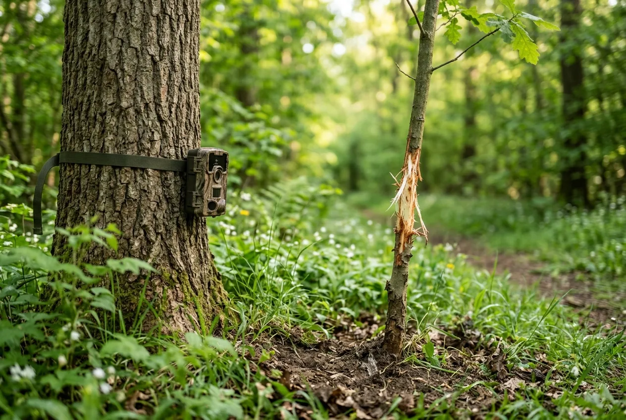 Eine Wildkamera ist an einem Baumstamm auf einen frisch gefegten Fegestamm mit aufgescharrter Erde ausgerichtet