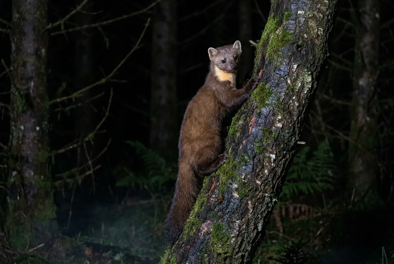 Ein Baummarder mit rundem, gelbgoldenem Kehlfleck klettert nachts an einem Baumstamm im Wald empor