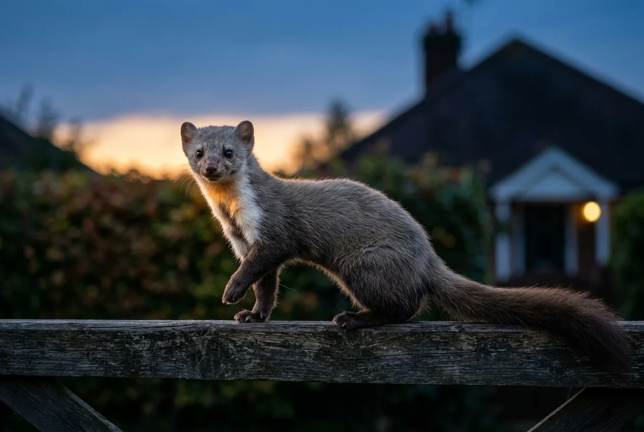 Ein Marder sitzt in der Abenddämmerung auf einem Gartenzaun am Rand einer Siedlung